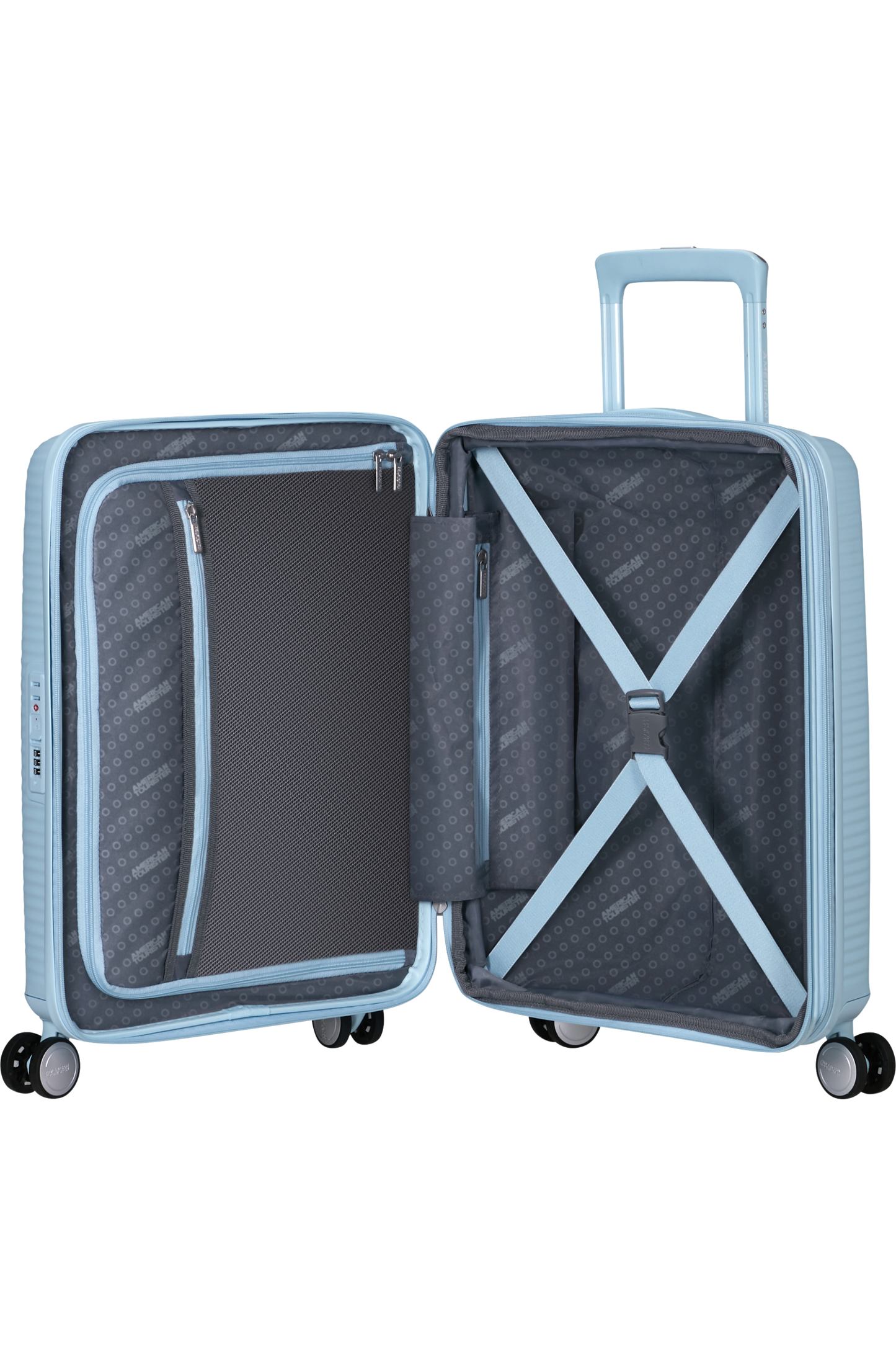 Cabin Suitcase AMERICAN TOURISTER SPINNER 55 CM SOUNDBOX Light Blue